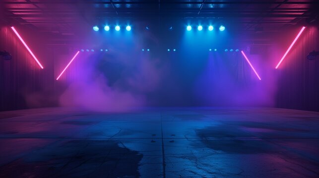 The stage is dark, with spotlights, neon lights, and an empty background of dark blue, purple, and pink.