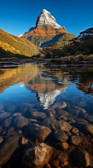 Mountain landscape with river and rocks in foreground