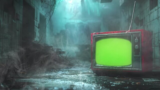 Vintage red retro tv with green screen noise and flicker,smoke and scary,copy space, empty, template mockup intro glitch effect