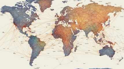this map has many different lines across the world, light maroon and light bronze, intricate composition, light indigo and orange, exacting precision, internet-inspired