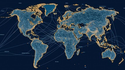 a blue pixelated world map with a lot of connections, in the style of dark indigo and amber, social network analysis, light maroon and yellow, tangled nests, documentary travel photography