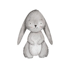 Cute watercolor gray rabbit on the white background. Easter rabbit.
