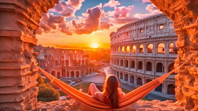 Landscape Scene of Colosseum at the sunset time, view from inside decorate home apartment, window and balcony view, holiday and tourist concept ,generative ai