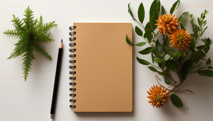 Wooden desk with plant, notebook, and pencil on a blank page generated by AI