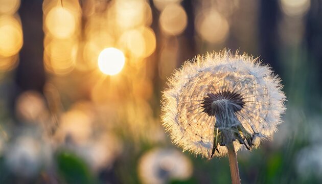 white dandelion in a forest at sunset macro image abstract nature background