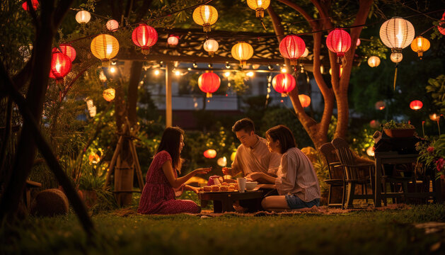 Cozy Evening Garden Party with Family and Friends Under Warm Lantern Lights