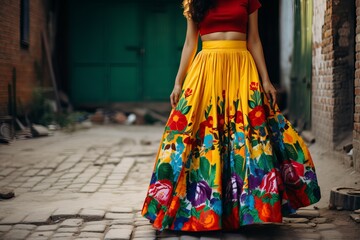 Embroidered Mexican colorful skirt. Fashion dress. Generate Ai