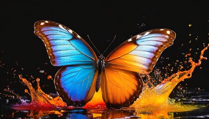 orange and blue tropical morpho butterfly on a splash of bright colorful colors on black