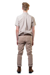 Naklejka premium back view of young man in a white shirt