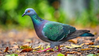 closeup of a beautiful nicobar pigeon walking on the ground