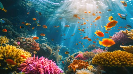 Obraz na płótnie Canvas An underwater coral reef scene, diverse marine life, vivid colors, showcasing the beauty and diversity of ocean life. Underwater photography, coral reef ecosystem, diverse marine life,. Resplendent.