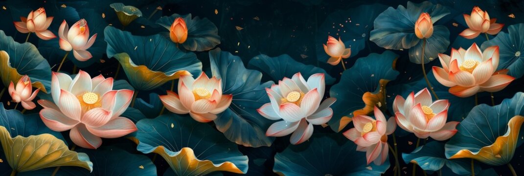 Gold-Illustrated Lotus Leaves Botanical Banner Generative AI