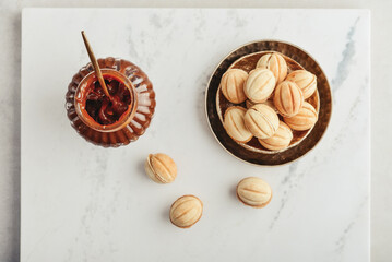 Homemade walnut shaped cookies with boiled condensed milk