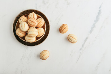 Homemade walnut shaped cookies with boiled condensed milk