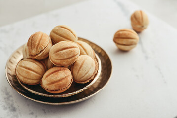 Homemade walnut shaped cookies with boiled condensed milk