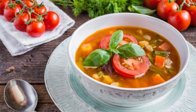 vegetable soup with tomatoes served on plate
