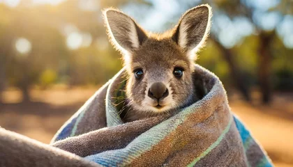 Selbstklebende Fototapeten very young joey kangaroo wrapped up in a blanket protected from the cold rescued and at a kangaroo sanctuary in alice springs northern territory australia © Joseph