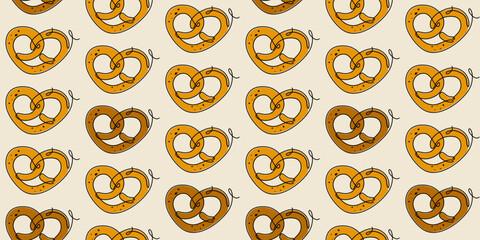 Seamless pattern with pretzel. National Pretzel Day. America's favorite snack. Line art style vector illustration for wrapping paper, textile, cover design.
