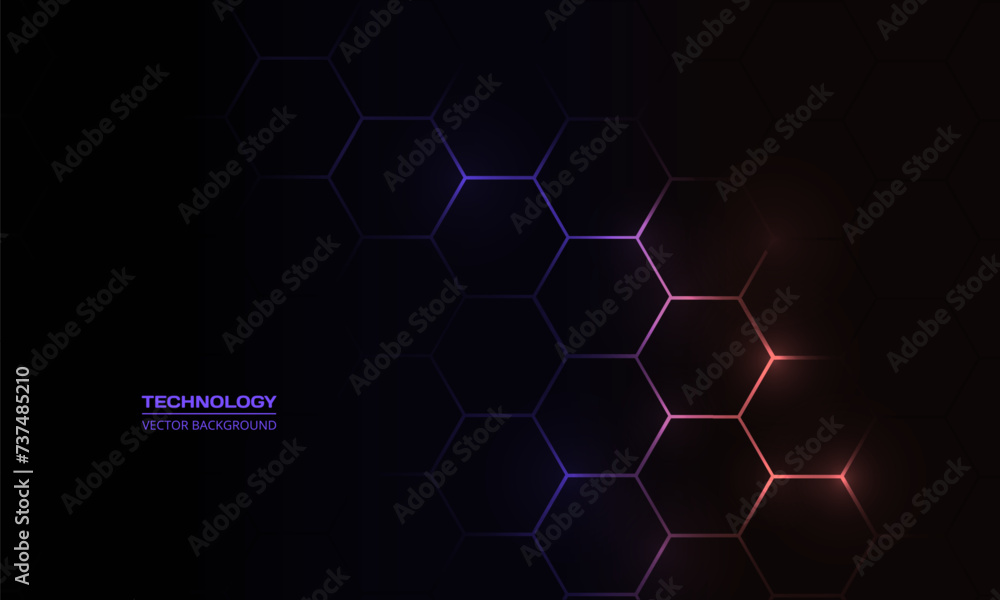 Aufkleber Dark hexagon abstract technology background with violet and peach colored bright flashes under hexagon. Hexagonal gaming vector abstract tech background.