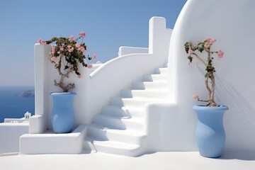 White Stairs Leading to a Mediterranean Terrace in Oia, Santorini: A Greek Island Escape - obrazy, fototapety, plakaty