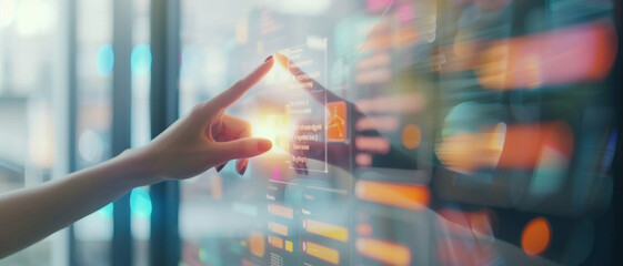 Hand reaching towards futuristic interface with glowing touchpoints in an interactive exhibit.