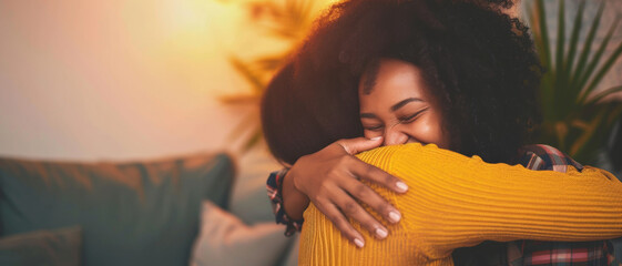Two friends embrace in a heartwarming and genuine moment of happiness and support. - obrazy, fototapety, plakaty
