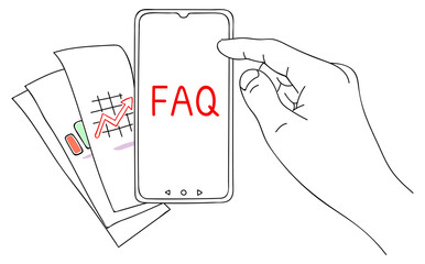 FAQ. Message on smartphone display. Help for business and entertainment. Modern problems and solutions. Sketch in minimalist style. Editable hand drawn contour. Vector