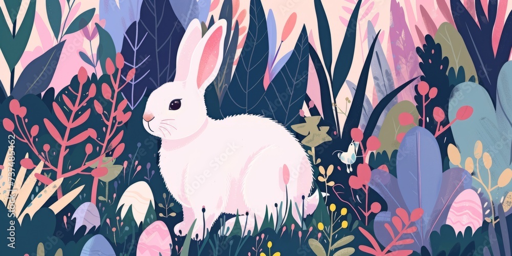 Poster a white bunny and easter eggs in a colorful land filled with grass and trees generative ai