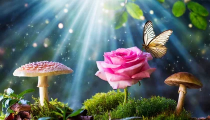 Selbstklebende Fototapeten fantasy magical mushrooms and butterfly in enchanted fairy tale dreamy elf forest with fabulous fairytale blooming pink rose flower on mysterious nature background and shiny glowing moon rays in night © Joseph