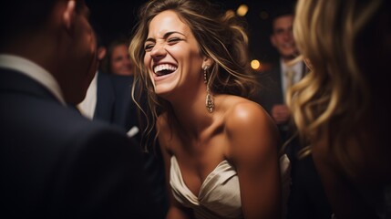 a woman in a wedding dress is laughing while dancing at a wedding reception