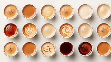 Many cups of coffee on white desk, top view. cups of coffee of different colors on a white background.