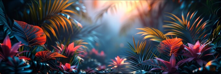 Tropical Forest Glow with Colorful Plants Generative AI