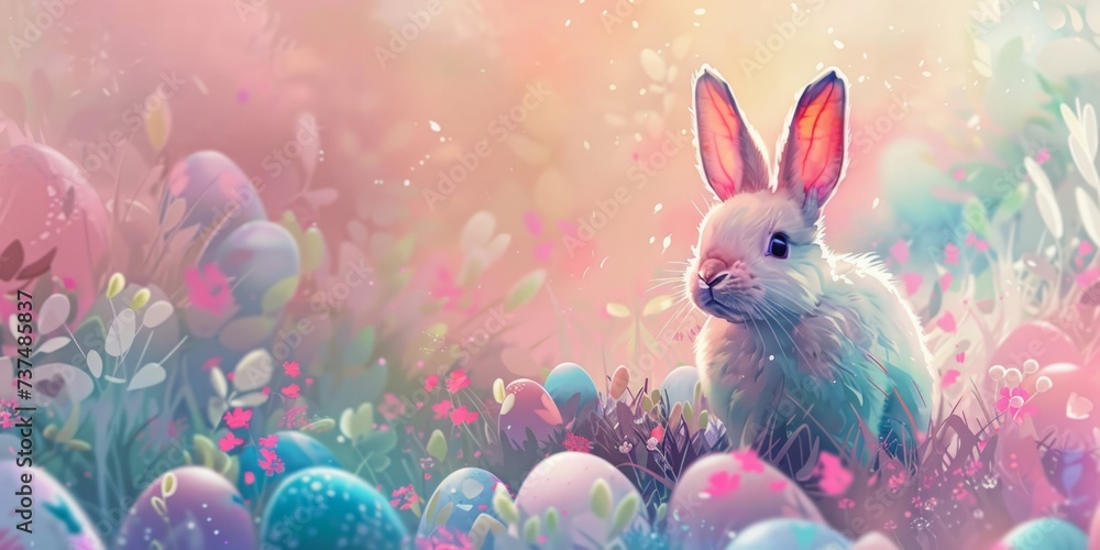 Poster cute and colorful bunny in a field of eggs generative ai