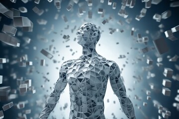 portrait of a robot with human body made of disintegrating squares and cubes, standing in front of a digital background with abstract particles in space, cybernetics, computer rendering