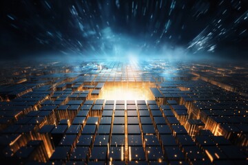 aerial view of mega city with futuristic computer technology, digital connections with hologram and glow against background of space, concept of globalization and urbanization