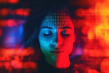Woman with eyes closed, glowing vibrant colours cyberpunk background. Unknown language letters projected on face. Artificial intelligence or technological transcendence concept. Generative AI