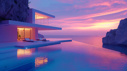 modern seaside architecture with infinity pool and ocean sunset view