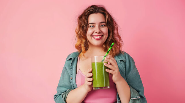 smiling young curvy overweight woman holding a glass with smoothie on a color background, beautiful girl, healthy eating, drink, fruit cocktail, fresh juice, portrait, lifestyle, weight loss, detox