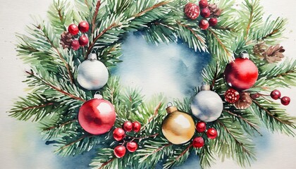 Naklejka na ściany i meble watercolor christmas wreath illustration generative