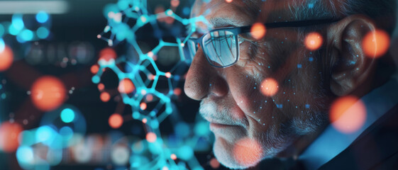 A thoughtful scientist merges with a DNA helix illustration, embodying the fusion of man and science.