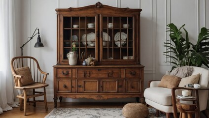 Antique wooden hutch and carefully placed accessories enhancing a white living room interior. - obrazy, fototapety, plakaty