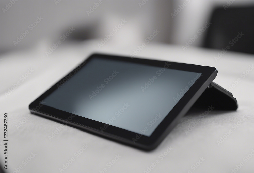 Poster black tablet computer isolated on grey background in compute store