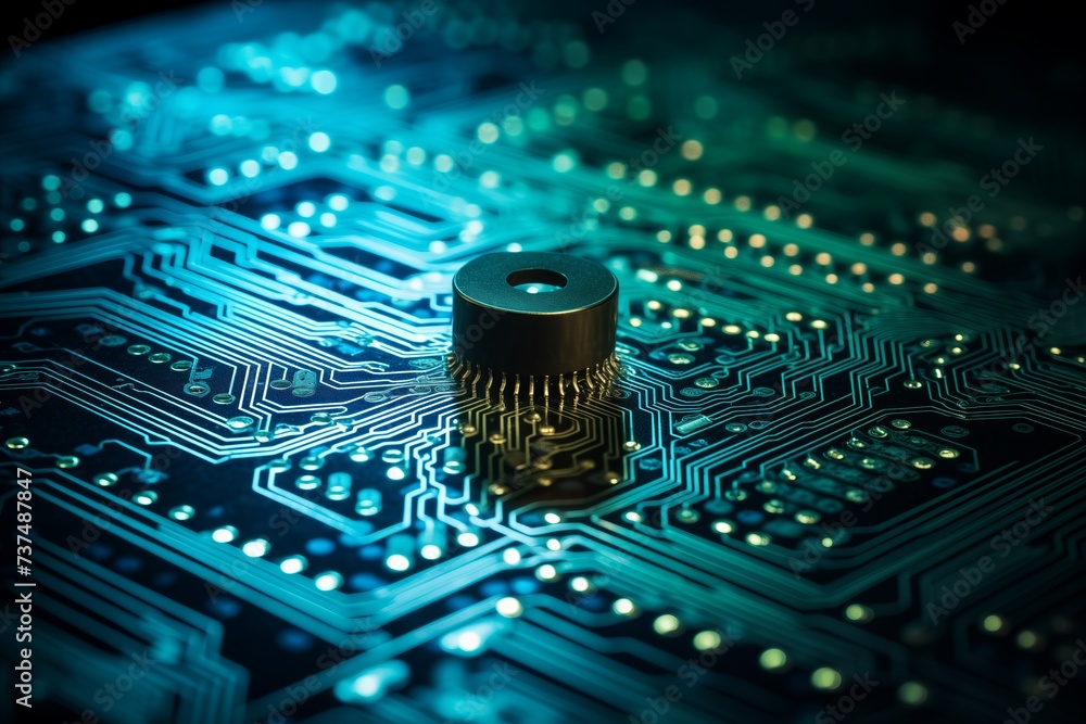Poster secure connection or cybersecurity service concept of compute motherboard closeup and safety lock wi