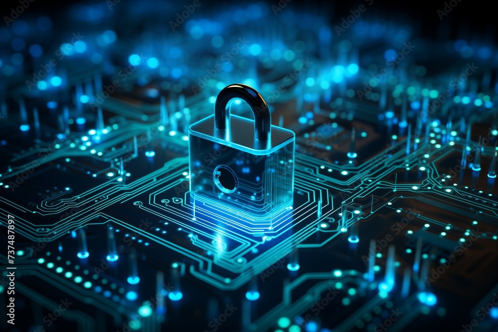 Poster secure connection or cybersecurity service concept of compute motherboard closeup and safety lock wi