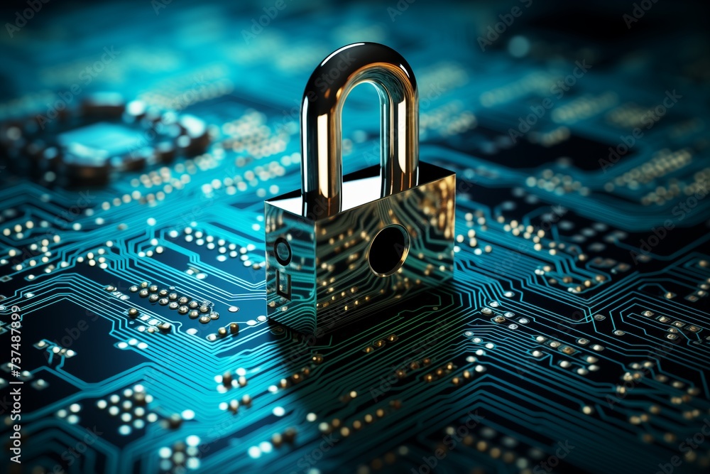 Poster secure connection or cybersecurity service concept of compute motherboard closeup and safety lock wi
