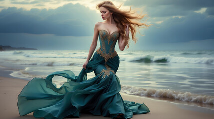 Beautiful mysterious woman silhouette mermaid in long green dress on the beach at sunset time