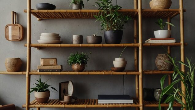 Bamboo shelving unit and thoughtfully arranged decor items contributing to a cozy atmosphere.