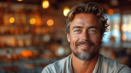 Fototapeta premium A man with facial hair is happily smiling at the camera in a restaurant