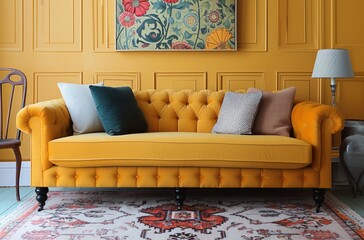 an elongated sofa with a yellow wall art