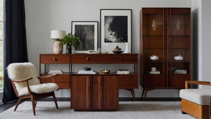 Cherrywood cabinet and curated accessories enhancing the visual appeal of a white living space. 